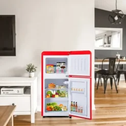 Retro-Kylskåp, Gefrierkombination, 88.8 cm, 60L kyl, 22L frys, 102 kWh/år, LED-ljus, Premiumröd, Energieklass E