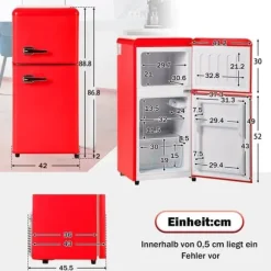 Retro-Kylskåp, Gefrierkombination, 88.8 cm, 60L kyl, 22L frys, 102 kWh/år, LED-ljus, Premiumröd, Energieklass E