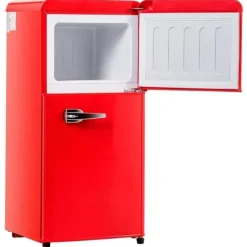 Retro-Kylskåp, Gefrierkombination, 88.8 cm, 60L kyl, 22L frys, 102 kWh/år, LED-ljus, Premiumröd, Energieklass E