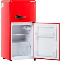 Retro-Kylskåp, Gefrierkombination, 88.8 cm, 60L kyl, 22L frys, 102 kWh/år, LED-ljus, Premiumröd, Energieklass E