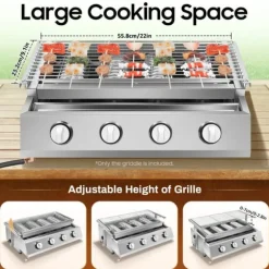 Rökfri gasolgrill, bordsmodell med 4 brännare i rostfritt stål, LPG/propangas, portabel för utomhus/camping, ljussilver