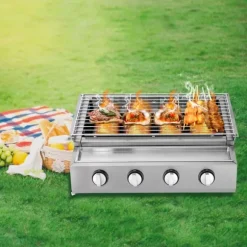 Rökfri gasolgrill, bordsmodell med 4 brännare i rostfritt stål, LPG/propangas, portabel för utomhus/camping, ljussilver