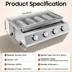 Rökfri gasolgrill, bordsmodell med 4 brännare i rostfritt stål, LPG/propangas, portabel för utomhus/camping, ljussilver