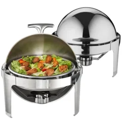 Roll Top Chafing Dish Buffet Set, 6 Qt 2-pack, rostfritt stål med 2 kastruller, rund cateringvärmare med lock och bränslehållare.