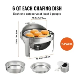 Roll Top Chafing Dish Buffet Set, 6 Qt 2-pack, rostfritt stål med 2 kastruller, rund cateringvärmare med lock och bränslehållare.