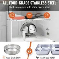 Roll Top Chafing Dish Buffet Set, 6 Qt 2-pack, rostfritt stål med 2 kastruller, rund cateringvärmare med lock och bränslehållare.