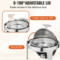 Roll Top Chafing Dish Buffet Set, 6 Qt 2-pack, rostfritt stål med 2 kastruller, rund cateringvärmare med lock och bränslehållare.