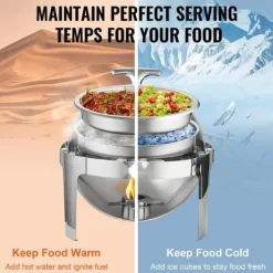 Roll Top Chafing Dish Buffet Set, 6 Qt 2-pack, rostfritt stål med 2 kastruller, rund cateringvärmare med lock och bränslehållare.