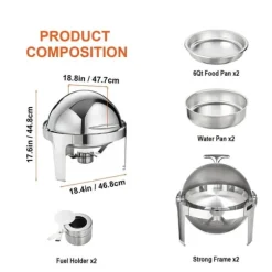 Roll Top Chafing Dish Buffet Set, 6 Qt 2-pack, rostfritt stål med 2 kastruller, rund cateringvärmare med lock och bränslehållare.