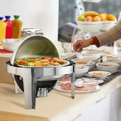Roll Top Chafing Dish Buffet Set, 6 Qt 2-pack, rostfritt stål med 2 kastruller, rund cateringvärmare med lock och bränslehållare.