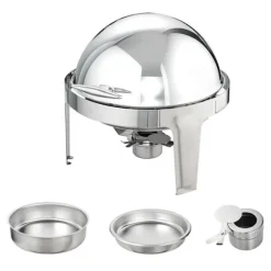 Roll Top Chafing Dish Buffet Set, 6 Qt 2-pack, rostfritt stål med 2 kastruller, rund cateringvärmare med lock och bränslehållare.