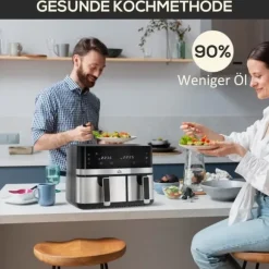 Rootz Hot Air Fryer - Fritös - Dual Basket Fryer - 2700W - 8 inställningar - Smart Finish - Hälsosammare måltider - 41,8 cm x 39,2 cm x 31,1 cm - Svar | CDON