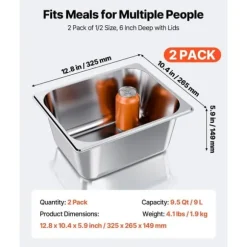 Rostfria ångpannor för hotell, 1/2 storlek x 148mm, 9L bord, anti-sylt, 2-pack