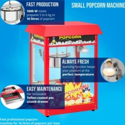 Royal Catering - Liten popcornmaskin - 1500 W effekt, rostfritt stål, härdat glas och non-stick-beläggning