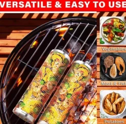 Rullande grillkorgar för utomhusgrillning, grillkorg i rostfritt stål Rullande grillkorg (2 st)