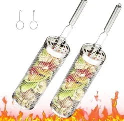 Rullande Grillkorg,Rostfri Grillkorg med Avtagbart Handtag – Set med 2, Perfekt för Camping och Trädgård