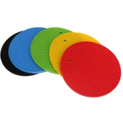 Runda silikonunderläggsmattor - 5-pack, 7 tum, värmebeständiga grytlappar (gul/svart/röd/blå/grön)