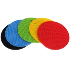 Runda silikonunderläggsmattor - 5-pack, 7 tum, värmebeständiga grytlappar (gul/svart/röd/blå/grön)
