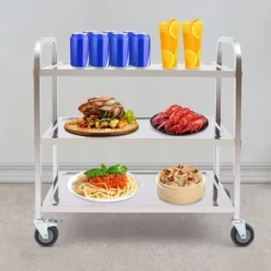 Serveringsvagn - Rostfritt stål - 3 våningar - Med hjul - För restaurang, kök och hotell