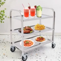 Serveringsvagn - Rostfritt stål - 3 våningar - Med hjul - För restaurang, kök och hotell