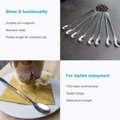 Set med 12 långa skedar i rostfritt stål - Längd 18,9 cm - För Latte Macchiato, cocktails, desserter och mycket mer