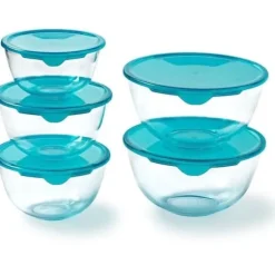 Set med 5 skålar med lock - PYREX - 1x 0,5L + 2x 1L + 2x 2L