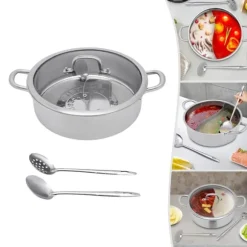 Shabu Shabu Hotpot - Gryta 28 cm - 304 Rostfritt Stål - Dubbelsidig Avdelare - Glaslock - Induktion & Gas - Vit - Med 2 Slevar
