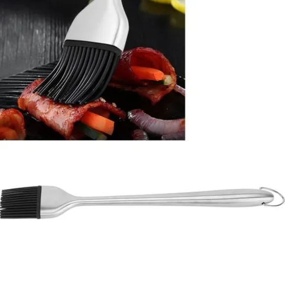 Silikonborste Handtag i rostfritt stål Högtemperaturbeständigt köksbakning Grillsås OljeborsteIhåligt handtag Runt huvud L