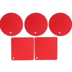 Silikonunderläggsmattor - halkfria värmebeständiga varma kuddar för kök - 5 st röd fyrkantig & rund honeycomb