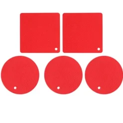 Silikonunderläggsmattor - halkfria värmebeständiga varma kuddar för kök - 5 st röd fyrkantig & rund honeycomb