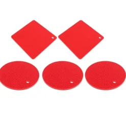 Silikonunderläggsmattor - halkfria värmebeständiga varma kuddar för kök - 5 st röd fyrkantig & rund honeycomb