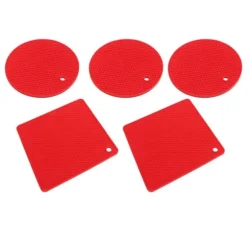 Silikonunderläggsmattor - halkfria värmebeständiga varma kuddar för kök - 5 st röd fyrkantig & rund honeycomb