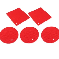 Silikonunderläggsmattor - halkfria värmebeständiga varma kuddar för kök - 5 st röd fyrkantig & rund honeycomb