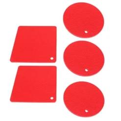 Silikonunderläggsmattor - halkfria värmebeständiga varma kuddar för kök - 5 st röd fyrkantig & rund honeycomb