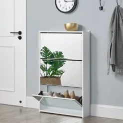 Skoskåp med 3 lådor och spegel plats för 9 par skor vit [en.casa]