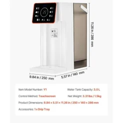 Snabbvarmvattendispenser för Bänkskiva, 6 Temperaturinställningar, 8 Volyminställningar, 3 Liters Tank