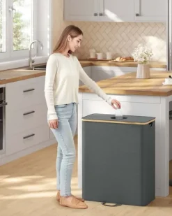 SONGMICS insamlingsbehållare för pantflaskor 135 L skiffergrå-naturbeige