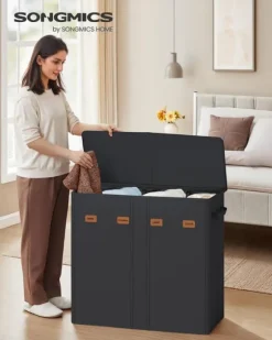 SONGMICS tvättkorg med tre fack, lock och tvättbar innerpåse