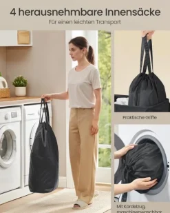 SONGMICS tvättkorg med tre fack, lock och tvättbar innerpåse