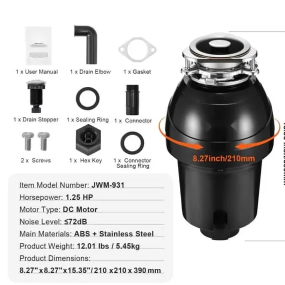 Sophantagning 1,25 hk, kontinuerlig matavfallshantering, 4060 RPM, EZ Connect, effektiv avfallshantering, hållbar design