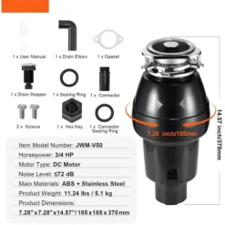 Sophantering 3/4 HP, 3600 RPM, kontinuerlig matavfallshantering, energieffektiv, tyst drift, enkel installation