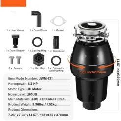 Sophantering 1/2 HP Kontinuerlig matavfallskvarn, 3820 RPM, effektiv avfallshantering, hållbar design, enkel installation