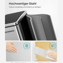 Soptunna, 2 x 15L stålsoptunna, stegad soptunna med innerhink och handtag, för kök, mjuk stängning, lufttät, silver och svart LTB30H