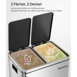 Soptunna, 2 x 15L stålsoptunna, stegad soptunna med innerhink och handtag, för kök, mjuk stängning, lufttät, silver och svart LTB30H