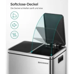 Soptunna, 2 x 15L stålsoptunna, stegad soptunna med innerhink och handtag, för kök, mjuk stängning, lufttät, silver och svart LTB30H