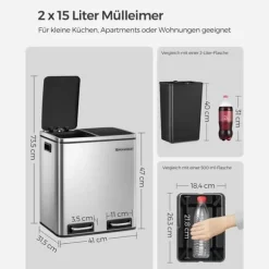 Soptunna, 2 x 15L stålsoptunna, stegad soptunna med innerhink och handtag, för kök, mjuk stängning, lufttät, silver och svart LTB30H
