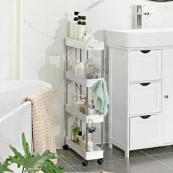 4-stegs förvaringsvagn på hjul, förvaringsenhet i plast, platsbesparande hylla för små utrymmen, badrum och kök, 40 x 12,5 x 88 cm, vit KSC08WT