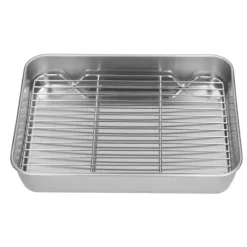 Stekpanna i rostfritt stål med ställ - Lätt att rengöra rektangulär stekpanna för matlagning och bakning (26,5x20,5x5cm / 10,4x8,1x2,0in)