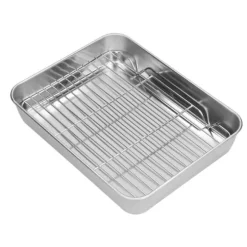 Stekpanna i rostfritt stål med ställ - Lätt att rengöra rektangulär stekpanna för matlagning och bakning (26,5x20,5x5cm / 10,4x8,1x2,0in)