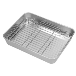 Stekpanna i rostfritt stål med ställ - Lätt att rengöra rektangulär stekpanna för matlagning och bakning (26,5x20,5x5cm / 10,4x8,1x2,0in)